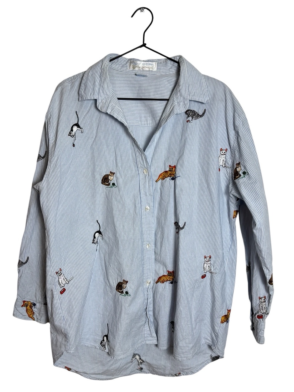 Vintage 90s Casey Coleman Cat Embroidered Striped Button-Down Shirt